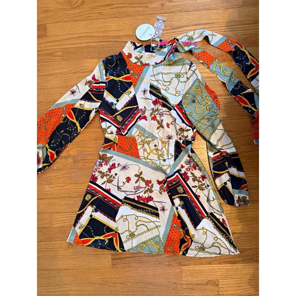 boohoo Multicolor Floral Print Mini Dress Size 10 Long Sleeve Round Neck